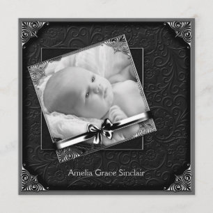 Elegant Black Damask Photo Birth Announcement