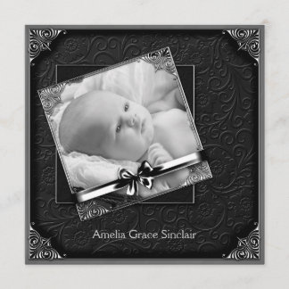 Elegant Black Damask Photo Birth Announcement
