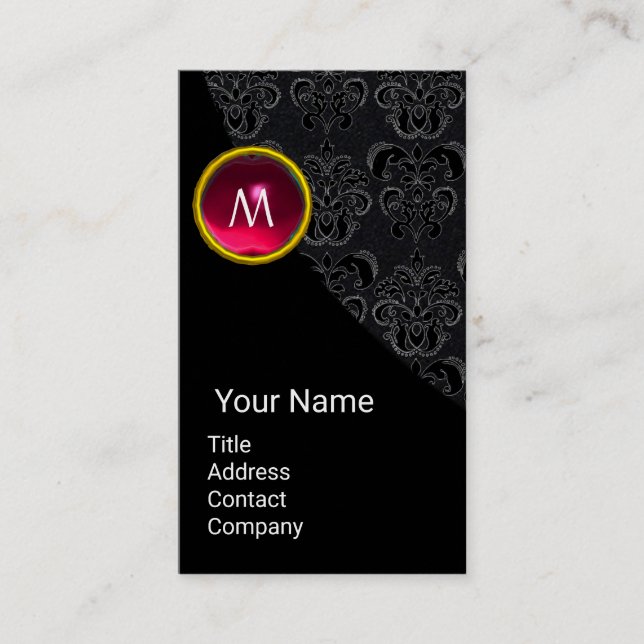ELEGANT BLACK DAMASK PINK RUBY GEMSTONE MONOGRAM BUSINESS CARD (Front)