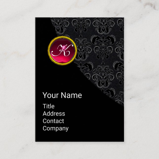 ELEGANT BLACK DAMASK PINK RUBY GEMSTONE MONOGRAM BUSINESS CARD (Front)