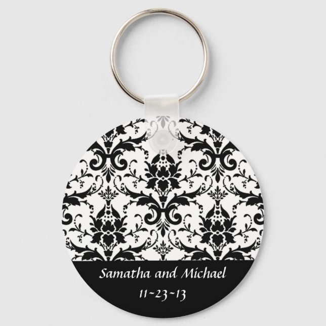 Elegant Black Damask Wedding Aniversary Date Key Ring (Front)