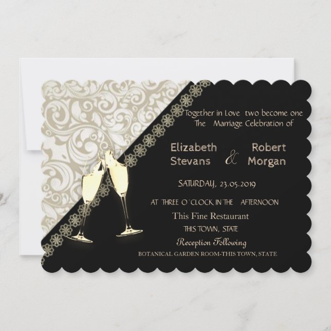 Elegant Black,Damask  Wedding Invitation (Front)