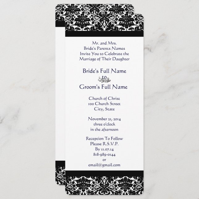 Elegant Black Damask Wedding Invitation (Front/Back)