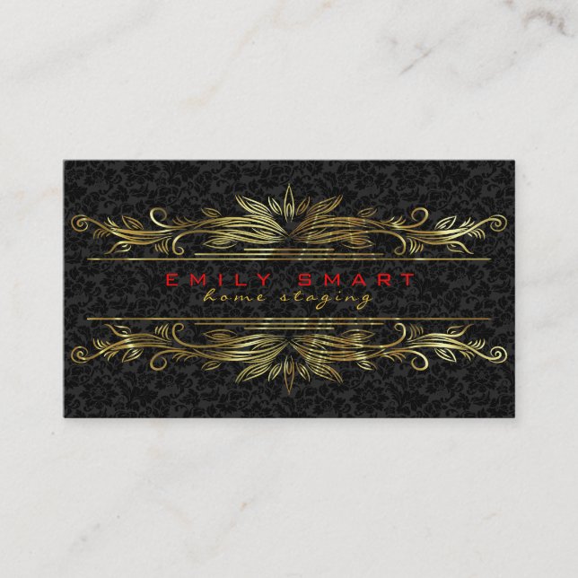 Elegant Black Damasks Gold Frame Business Card (Front)