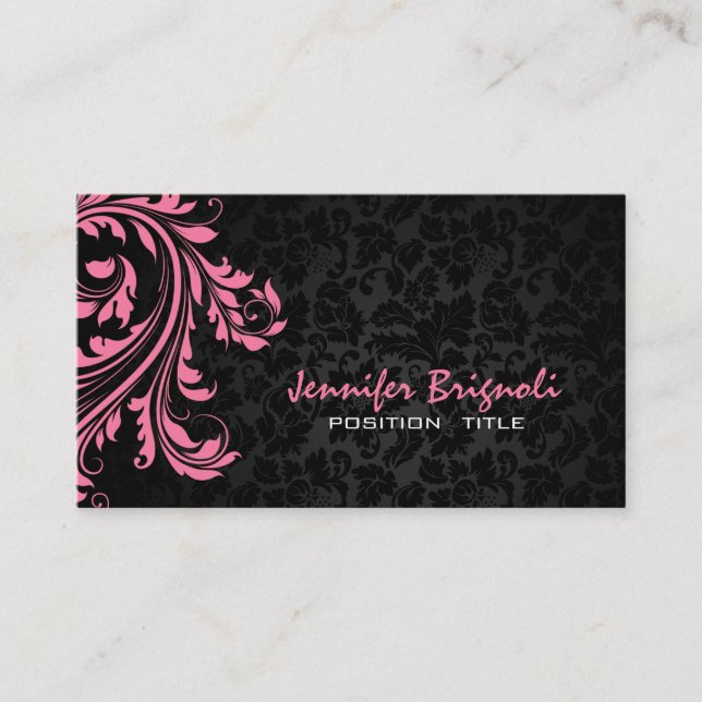 Elegant Black Damasks Pink Floral Swirl Business Card (Front)