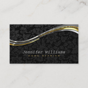 Elegant Black Damasks Silver And Gold Accents Business Card