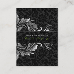 Elegant Black Damasks & Silver Floral Ornament Business Card