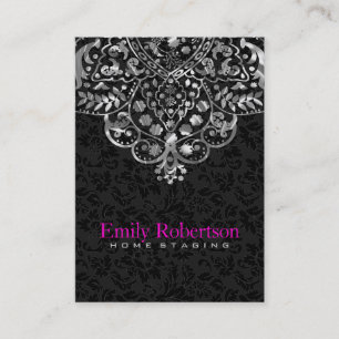 Elegant Black Damasks Silver Metallic Vintage Lace Business Card