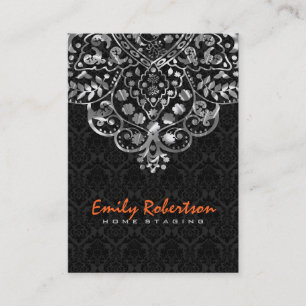 Elegant Black Damasks Silver Metallic Vintage Lace Business Card