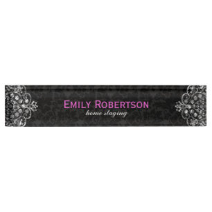 Elegant Black Damasks Silver Metallic Vintage Lace Nameplate