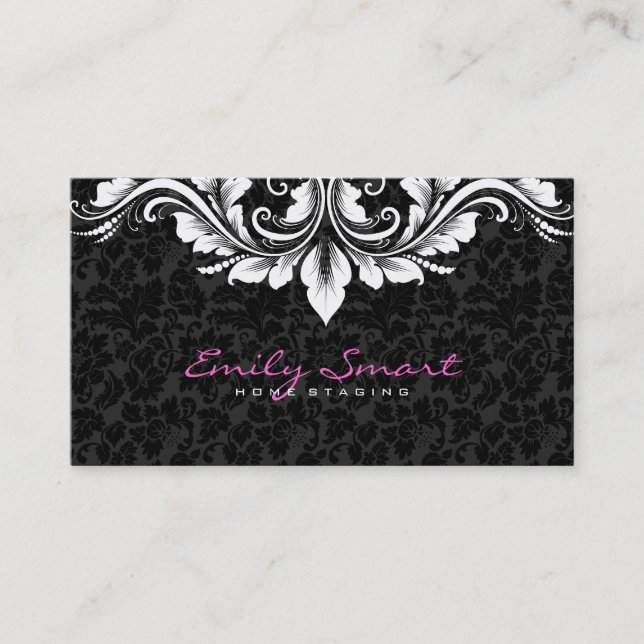 Elegant Black Damasks White Floral Lace Business Card (Front)