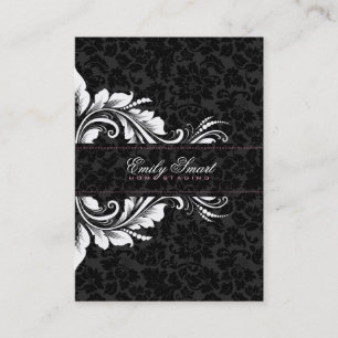 Elegant Black Damasks White Floral Ornament 2 Business Card