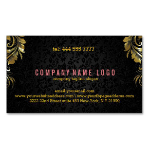 Elegant Black Damasks With Gold Floral Lace 5 Magnetic Business Card