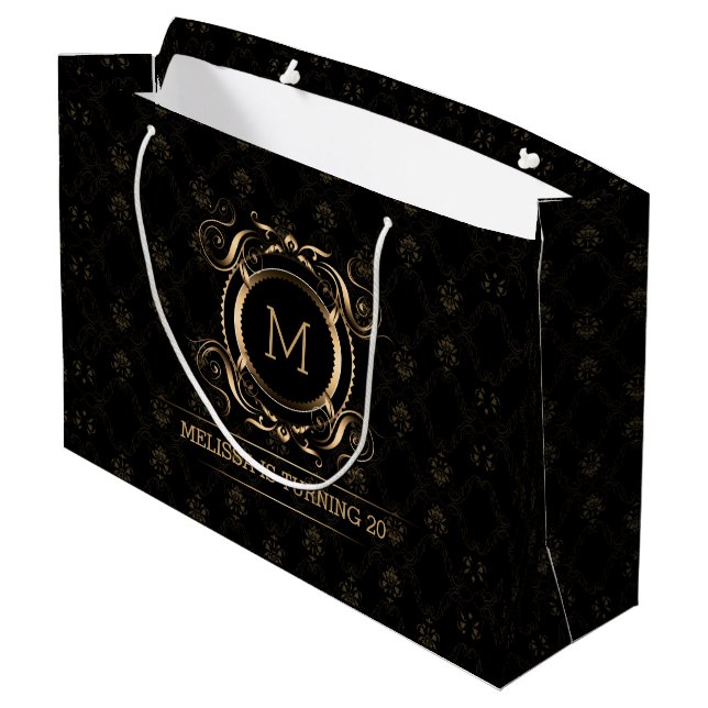 Elegant Black Damasks With Gold Frame Medium Gift Large Gift Bag (Back Angled)
