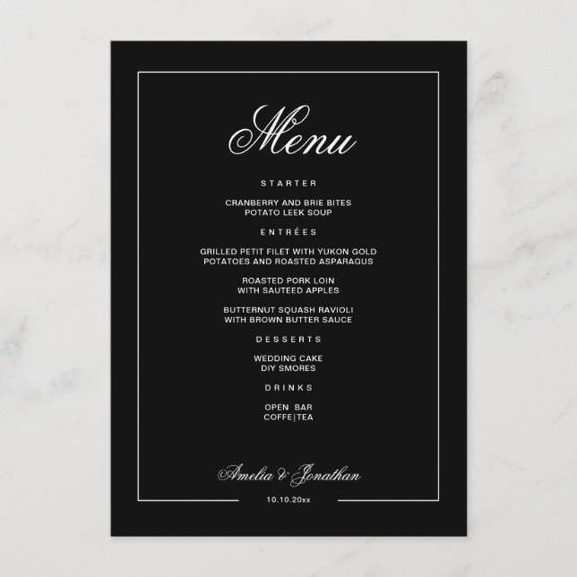Elegant Black Dark Romantic Winter Wedding Menu (Front)