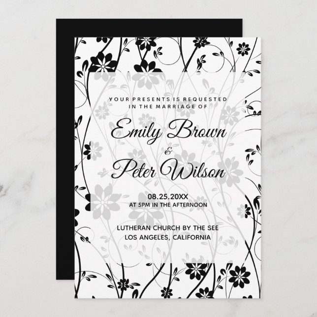 Elegant Black Delicate Flowers Wedding Invitation (Front/Back)
