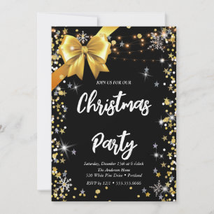 Elegant black diamond, golden ribbon, confetti invitation