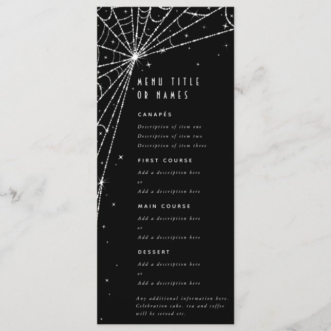 Elegant Black Diamond Spider Web Flat 4 Course Menu (Front)