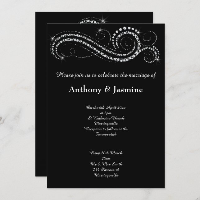 ELEGANT BLACK DIAMOND SWIRL WEDDING INVITATION (Front/Back)