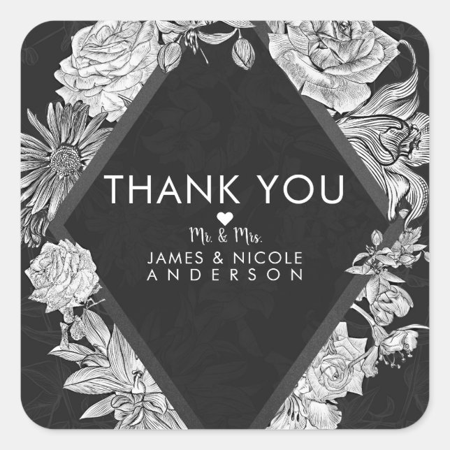 Elegant Black Diamond Vintage Flowers Wedding Square Sticker (Front)