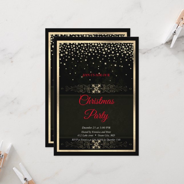 Elegant Black Diamonds Frame Christmas Invitation (Front/Back In Situ)
