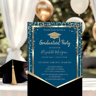 Elegant Black,Diamonds Gold Grad Cap Graduation Invitation