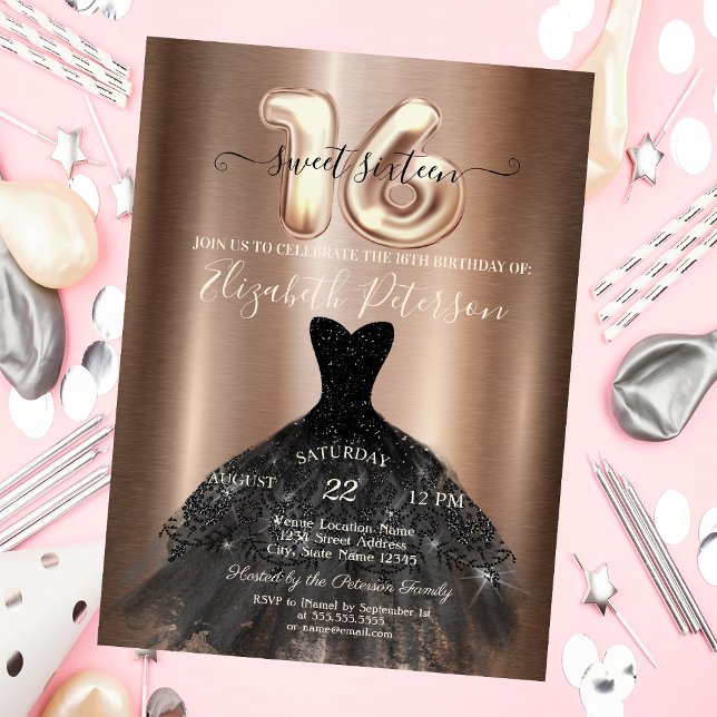 Elegant Black Dress Metallic Sweet 16 Party  Invitation (Creator Uploaded)