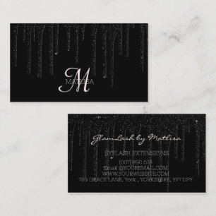 Elegant Black Dripping Monogram Glitter Salon Drip Business Card