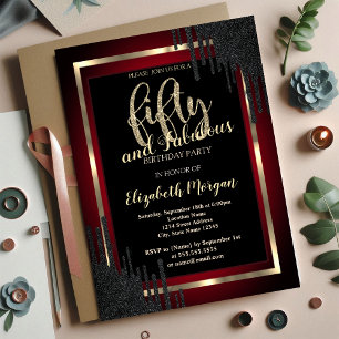 Elegant Black Drips Dark Red 50th Birthday Invitation