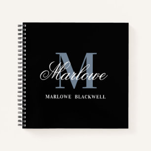 Elegant Black Dusty Blue Monogram Calligraphy Notebook