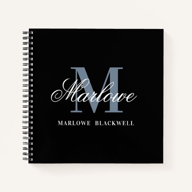 Elegant Black Dusty Blue Monogram Calligraphy Notebook (Front)