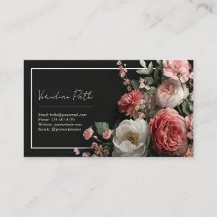 Elegant Black Dusty Rose Peony Floral Rectangular Business Card