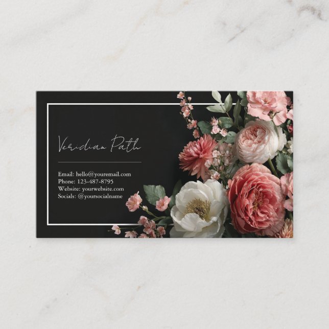 Elegant Black Dusty Rose Peony Floral Rectangular  Business Card (Front)