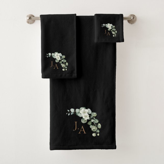 Elegant Black Eucalyptus Floral Monogram Bath Towel Set (Insitu)