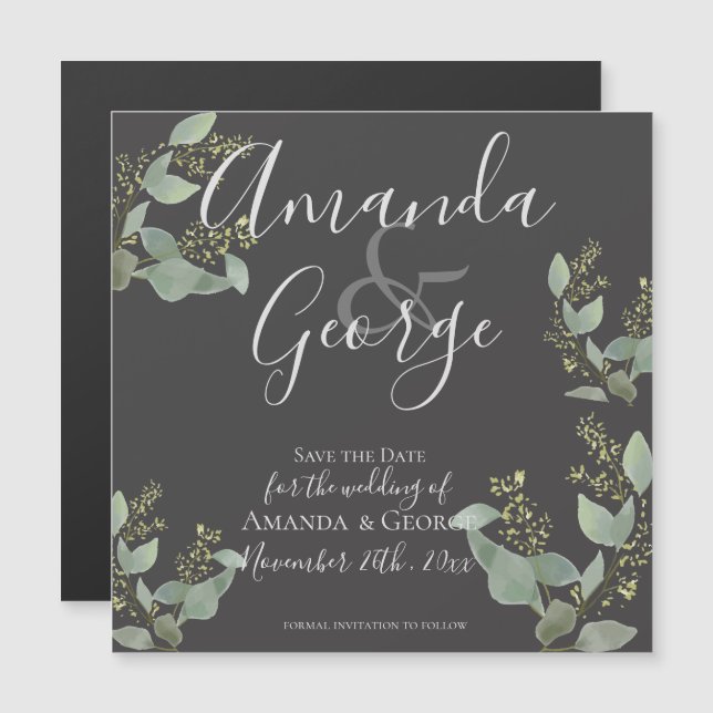 Elegant Black Eucalyptus Leaves Save The Date Magnetic Invitation (Front/Back)