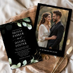 Elegant Black Eucalyptus Photo Greenery Wedding Invitation<br><div class="desc">Share your special day with this elegant black eucalyptus photo greenery wedding invitation, featuring your favourite photo framed with soft watercolor greenery and bold black accents. The clean serif typography creates a timeless, modern look while the eucalyptus adds natural charm. Perfect for rustic chic, evening, or boho luxe weddings, this...</div>