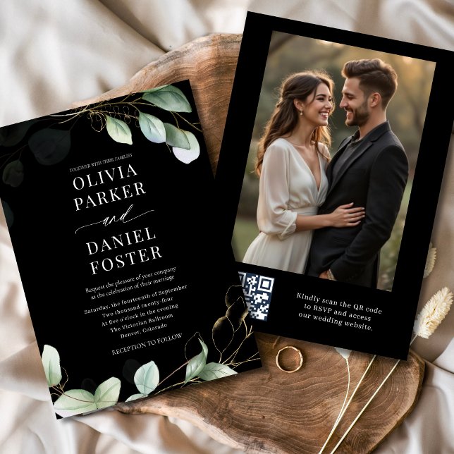 Elegant Black Eucalyptus QR Code Photo Wedding Invitation (Creator Uploaded)