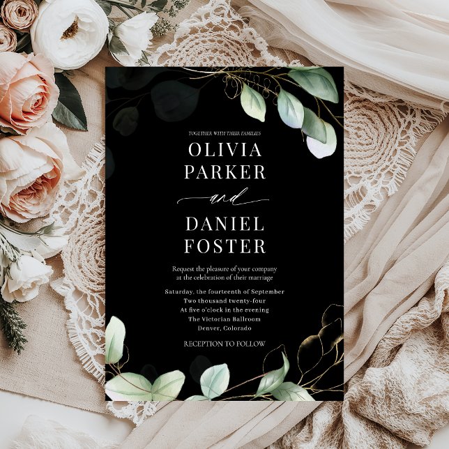 Elegant Black Eucalyptus Rustic Greenery Wedding Invitation (Creator Uploaded)