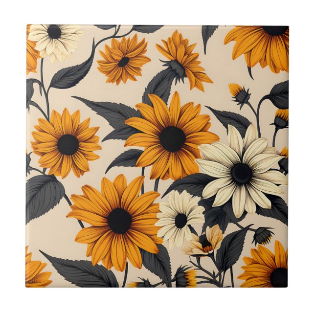 Elegant Black-Eyed Susans On Brown Tile (Front)