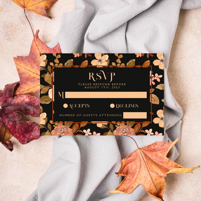Elegant  Black Fall Copper Floral Boho Wedding  RSVP Card (Creator Uploaded)