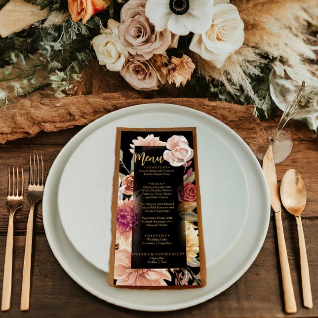 Elegant Black Fall Floral Terracotta Boho Wedding  Menu (Creator Uploaded)