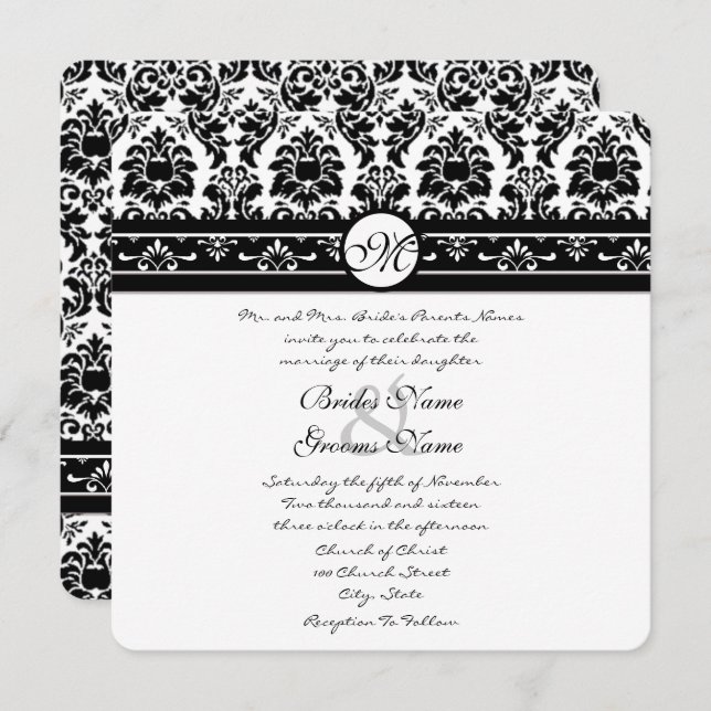 Elegant Black Faux Engraved Floral Damask Wedding  Invitation (Front/Back)