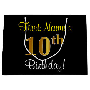 Elegant, Black, Faux Gold 10th Birthday + Name Large Gift Bag