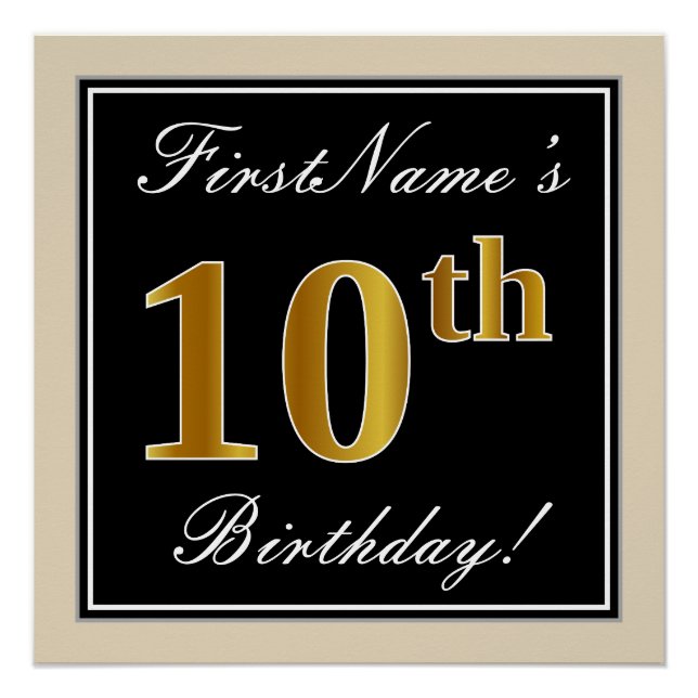 Elegant, Black, Faux Gold 10th Birthday + Name Poster (Front)