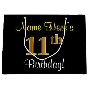 Elegant, Black, Faux Gold 11th Birthday + Name Large Gift Bag