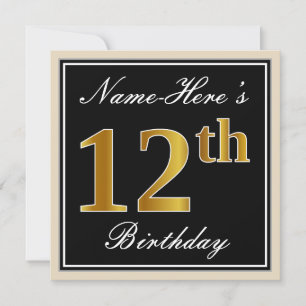 Elegant, Black, Faux Gold 12th Birthday + Name Invitation
