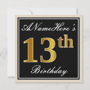 Elegant, Black, Faux Gold 13th Birthday + Name Invitation