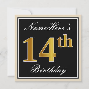 Elegant, Black, Faux Gold 14th Birthday + Name Invitation