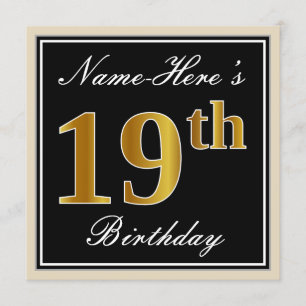 Elegant, Black, Faux Gold 19th Birthday + Name Invitation