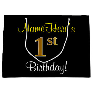 Elegant, Black, Faux Gold 1st Birthday + Name Large Gift Bag